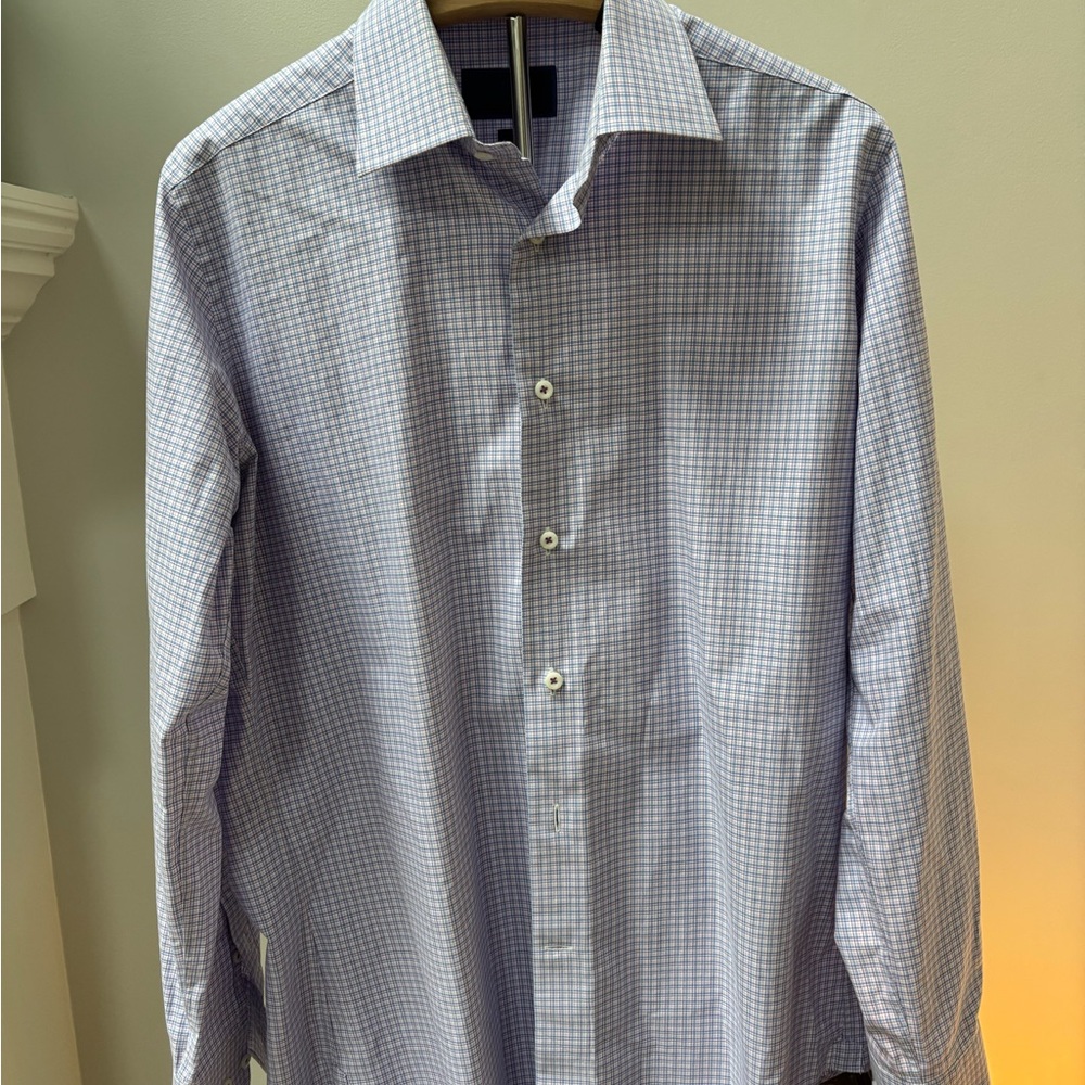 David Donahue Blue Dress Shirt with Gingham Pattern
